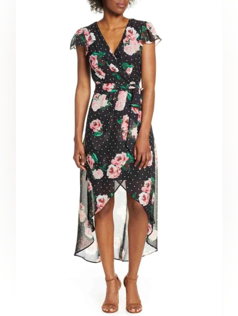 Julia Jordan Black Hi-Low Wrap Dress with Pink Floral Print Size 8